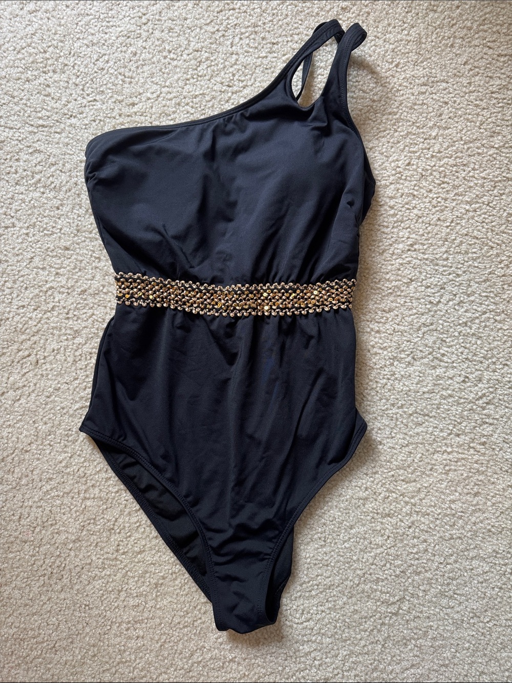 Black One-Piece Swimsuit with Gold Waist Detail